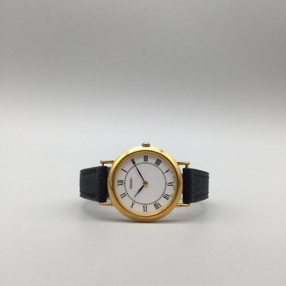 Seiko Watch Womens 26mm Gold Tone 1N00-0D59 Black Leather Band New Battery - Picture 5 of 15